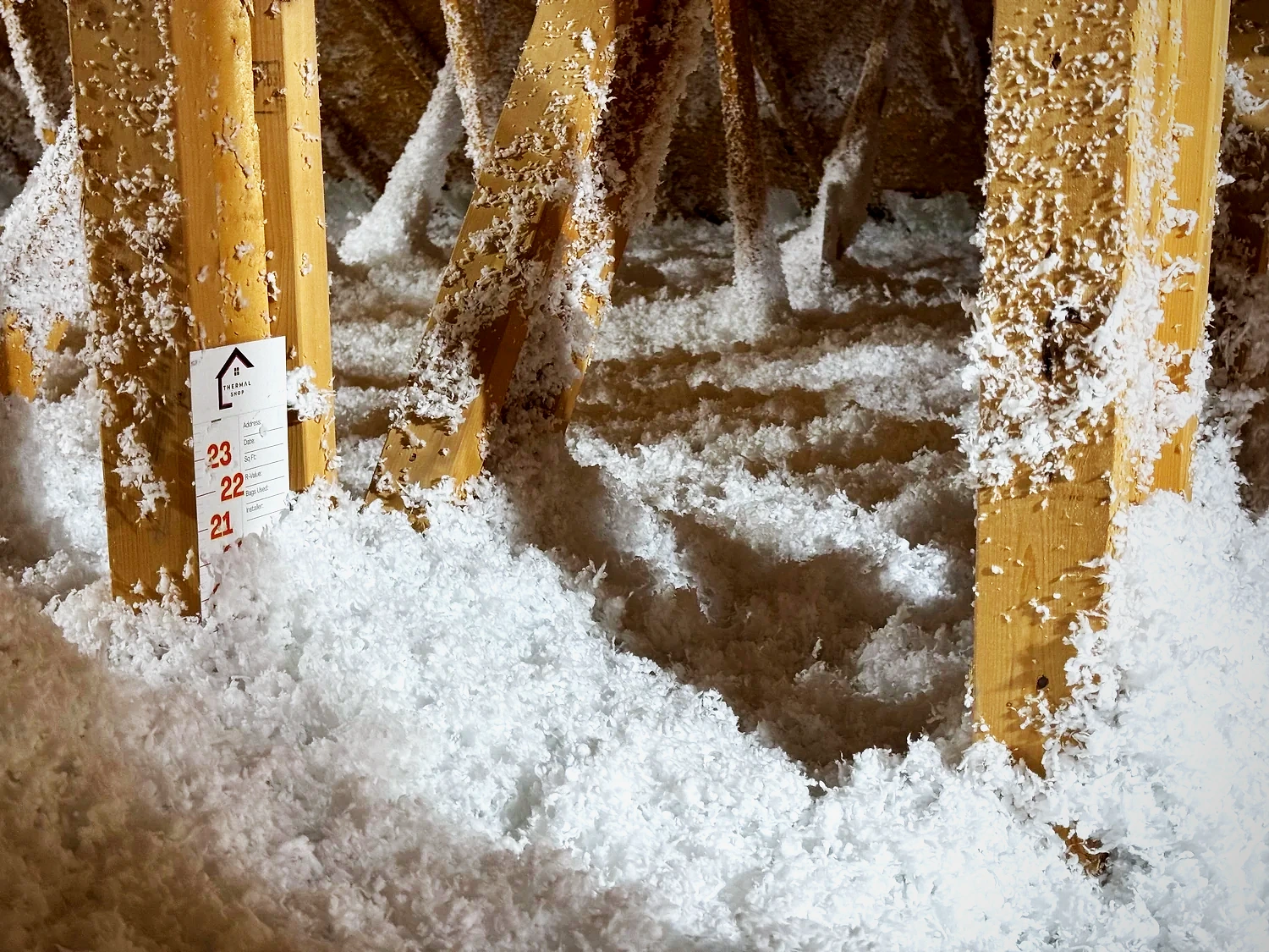 Fresh white loose-fill insulation blown deep between attic truss webs, with a Thermal Shop depth marker card on a truss