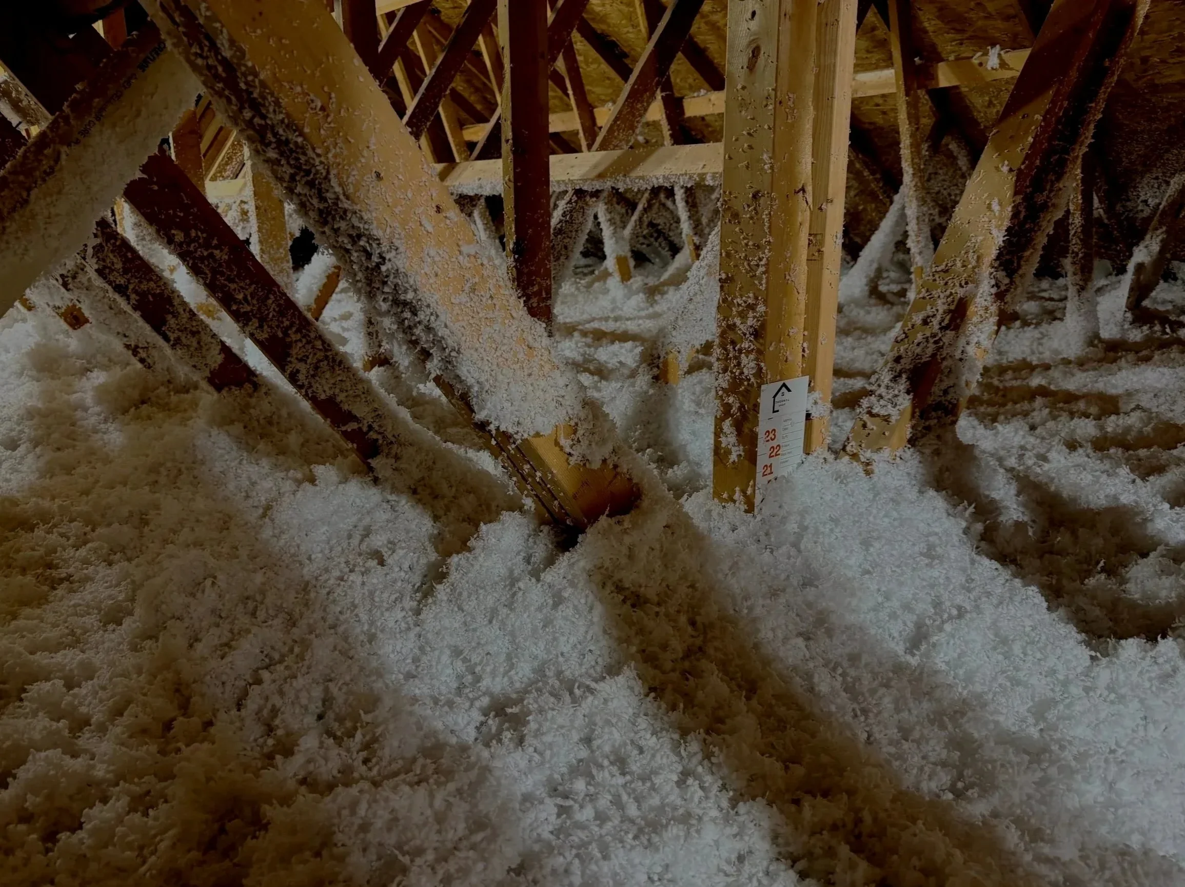 Loose-fill insulation blown deep across an attic floor, with a Thermal Shop depth ruler fixed to a truss