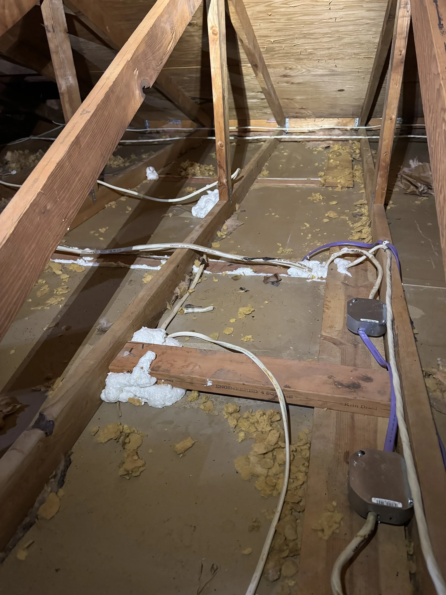 Cleared attic floor with foam sealing the holes where wires pass through the top plates