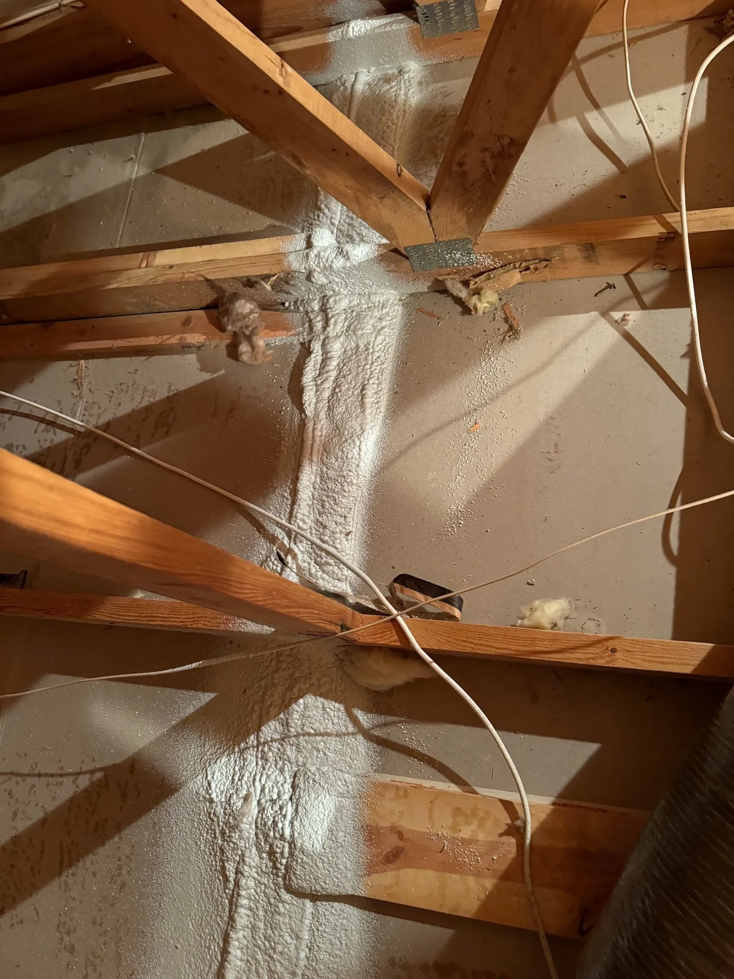 Spray foam along a top plate in a cleared attic, with trusses crossing overhead