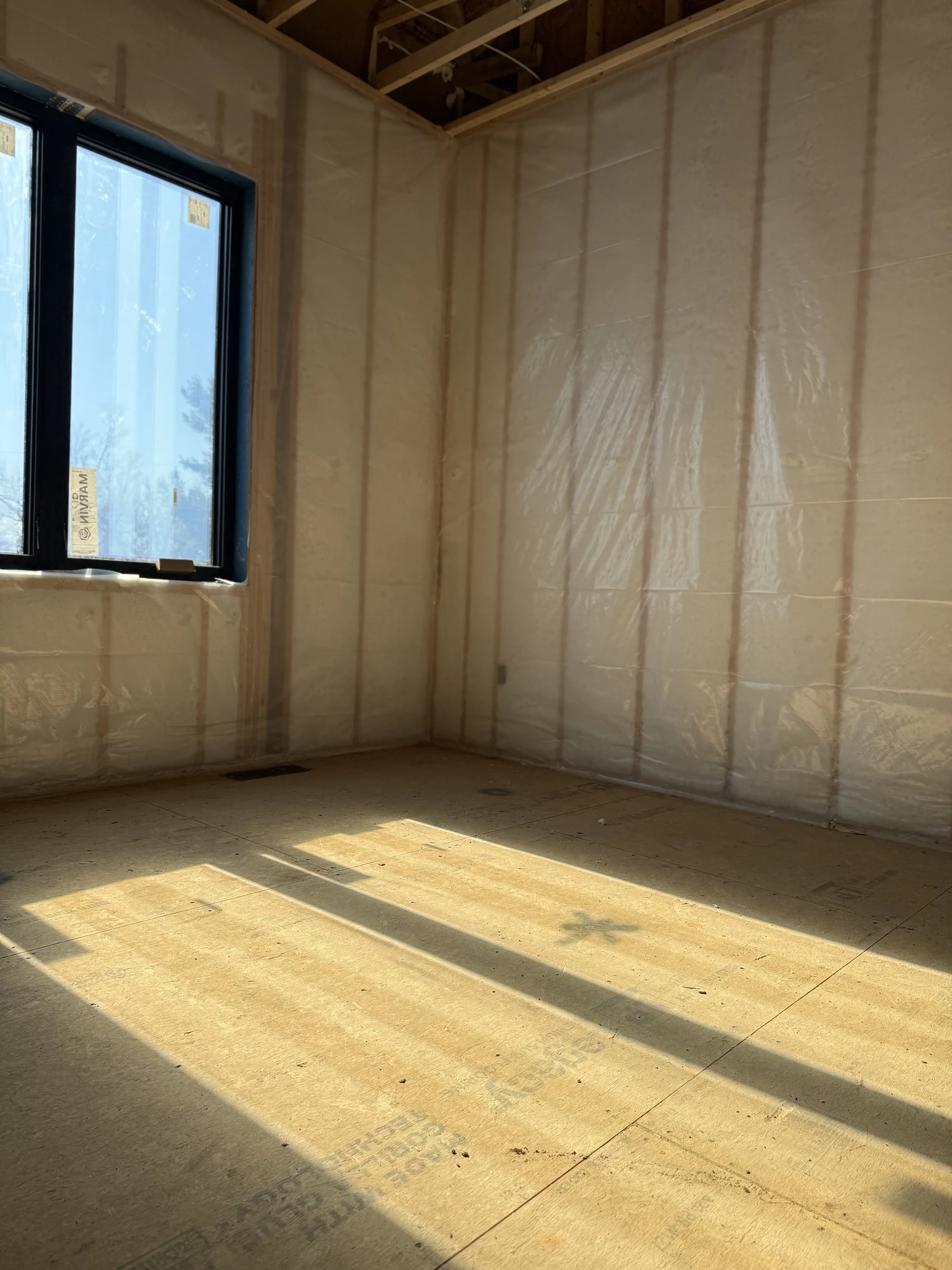 Room with fiberglass blown behind netting on every wall and low sun across the subfloor