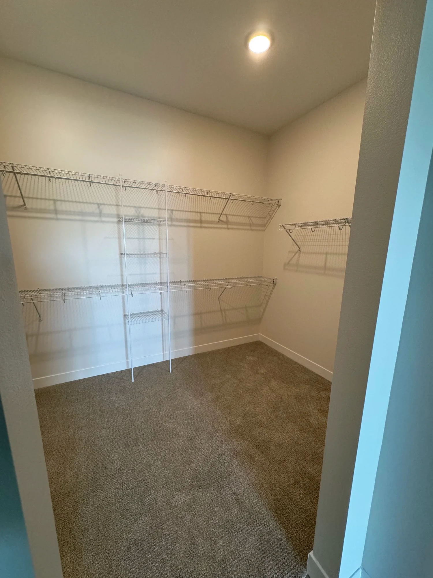 Wire shelves and hanging rods around an empty walk-in closet