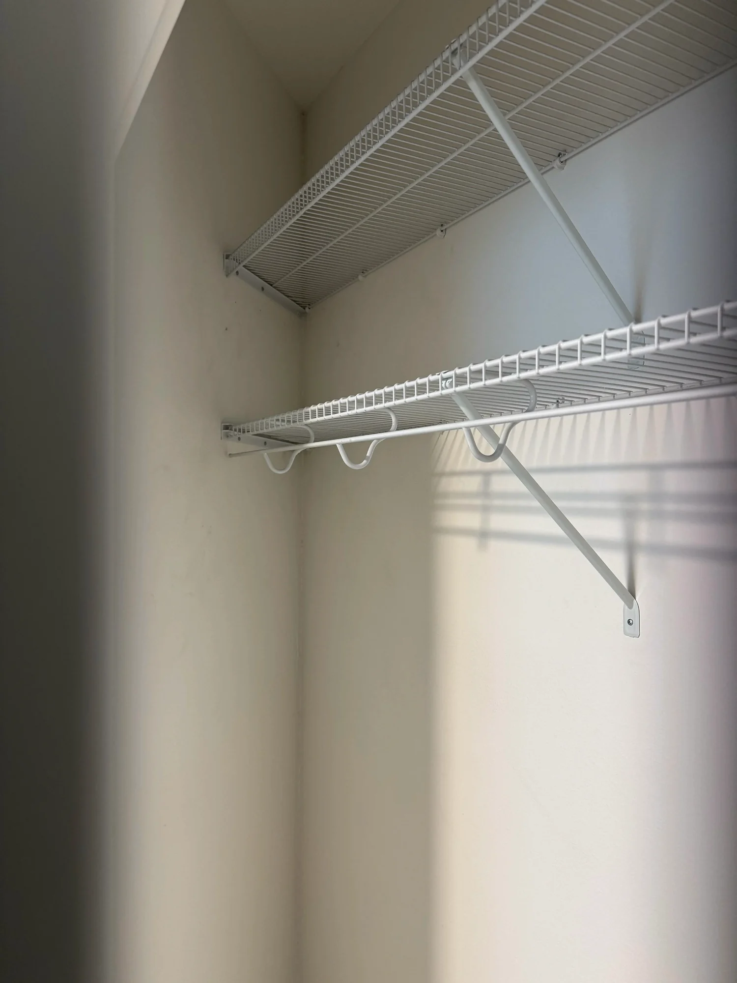 Two wire shelves with hanging rods on a closet wall