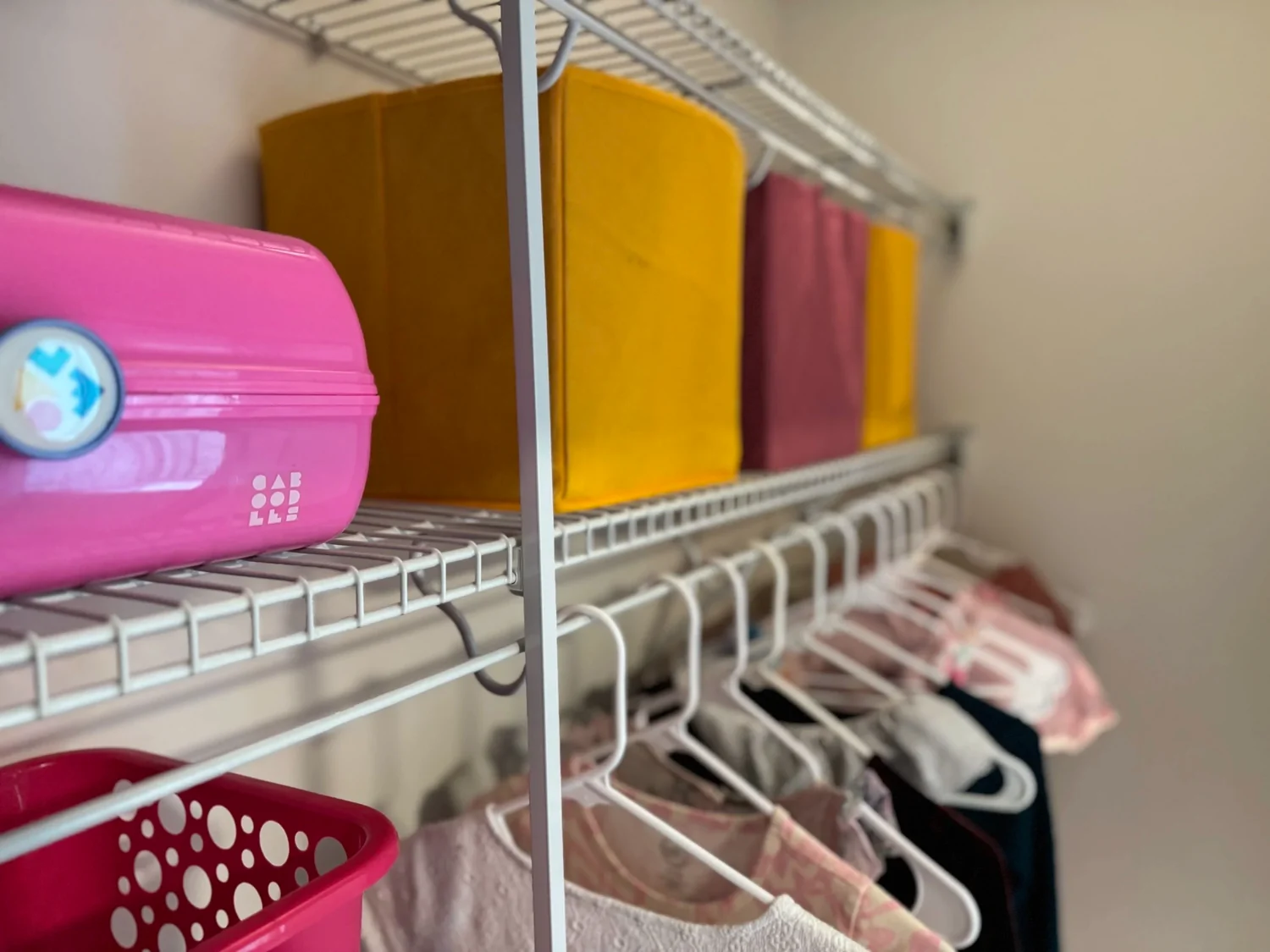 Close view of bins and a pink case on a wire shelf above hanging clothes